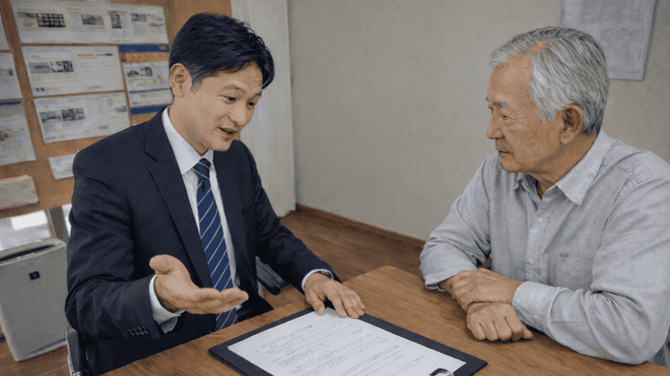 空き家の買取の契約をしている男性